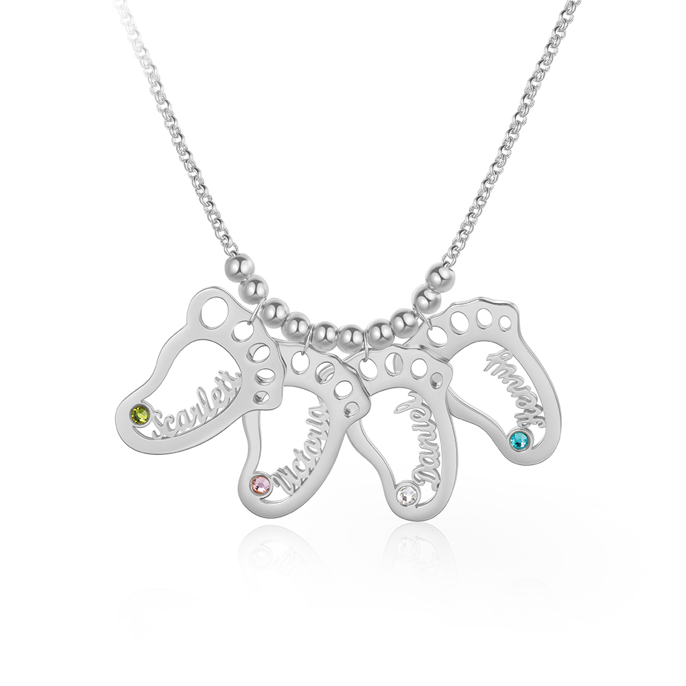 Personalised Baby Foot Necklace With 4 Birthstones Engraved Names Gift For Mother