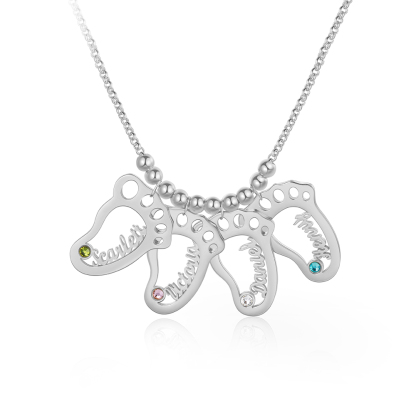 Personalised Baby Foot Necklace With 4 Birthstones Engraved Names Gift For Mother