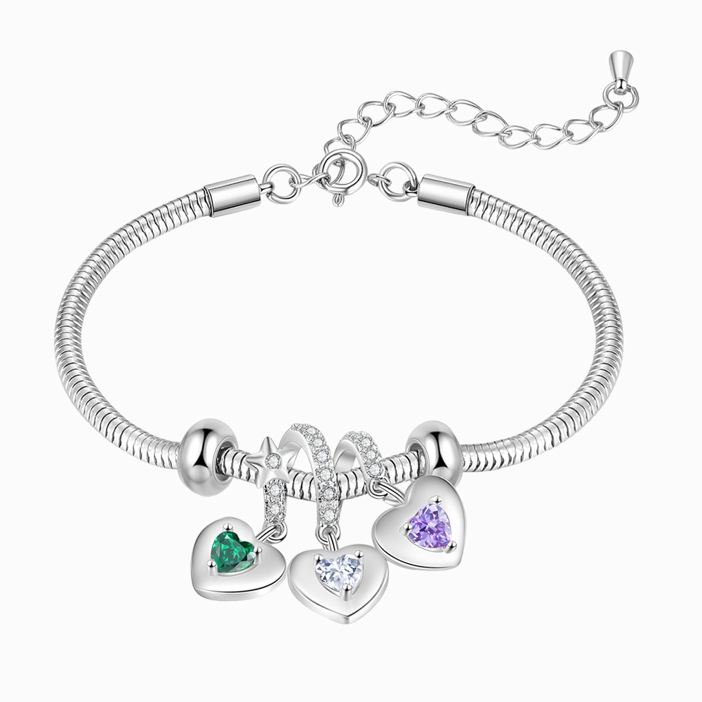 Personalised Heart Pendant Design Birthstone Bracelet with 2-6 Names 
