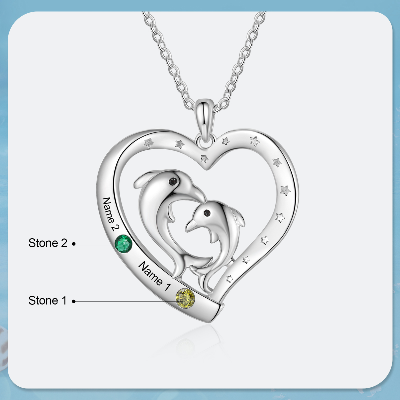2 Names - Personalised Beautiful Dolphin Heart Necklace with Customized Name and Birthstone Gift for Her