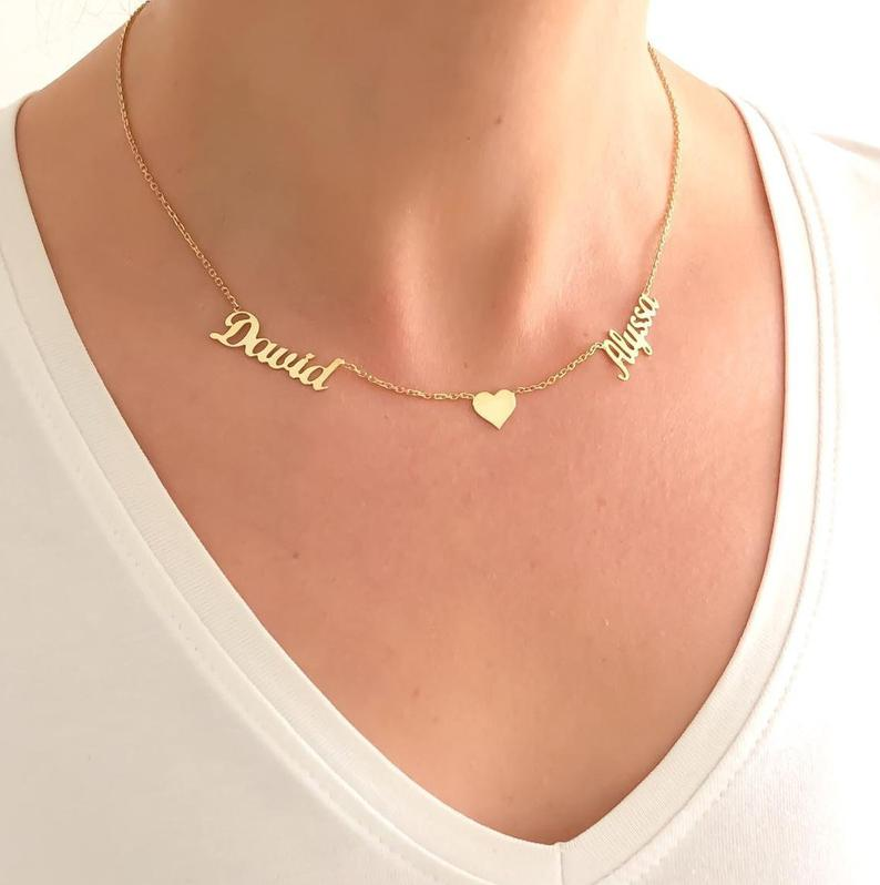 Personalised Necklace With Heart Custom 2 Names Necklace Gift For Women