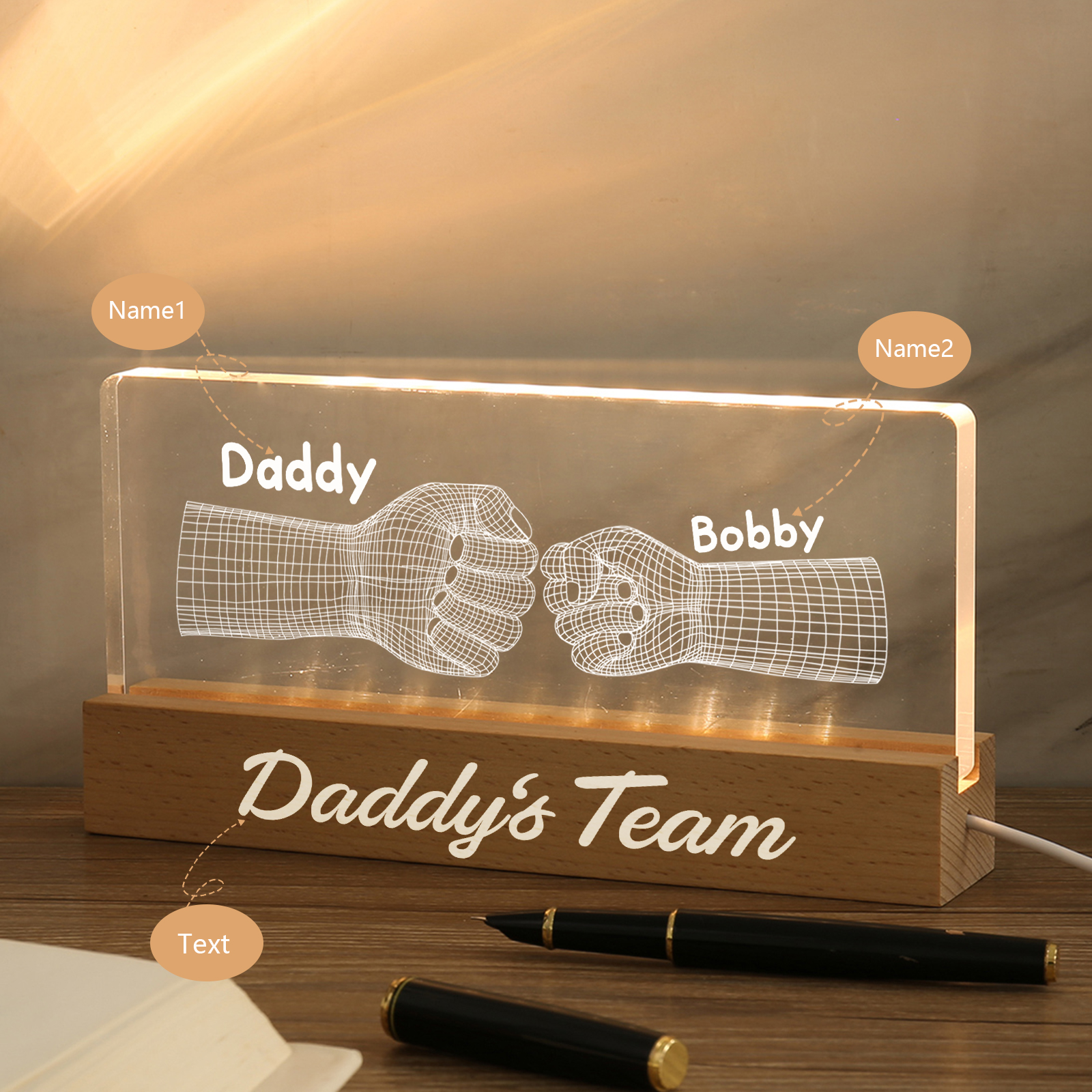 2 Names Personalised Fist Bump Pattern Night Light Custom Text LED Light Father's Day Gift for Dad