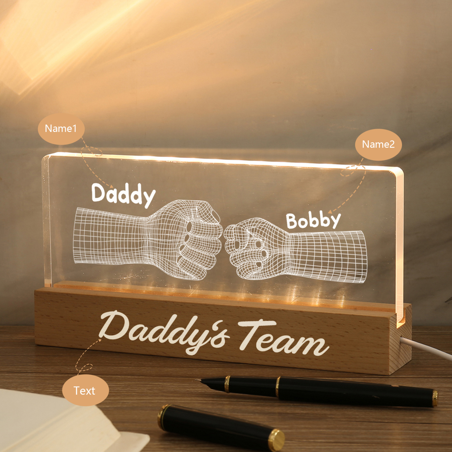 2 Names Personalised Fist Bump Pattern Night Light Custom Text LED Light Father's Day Gift for Dad