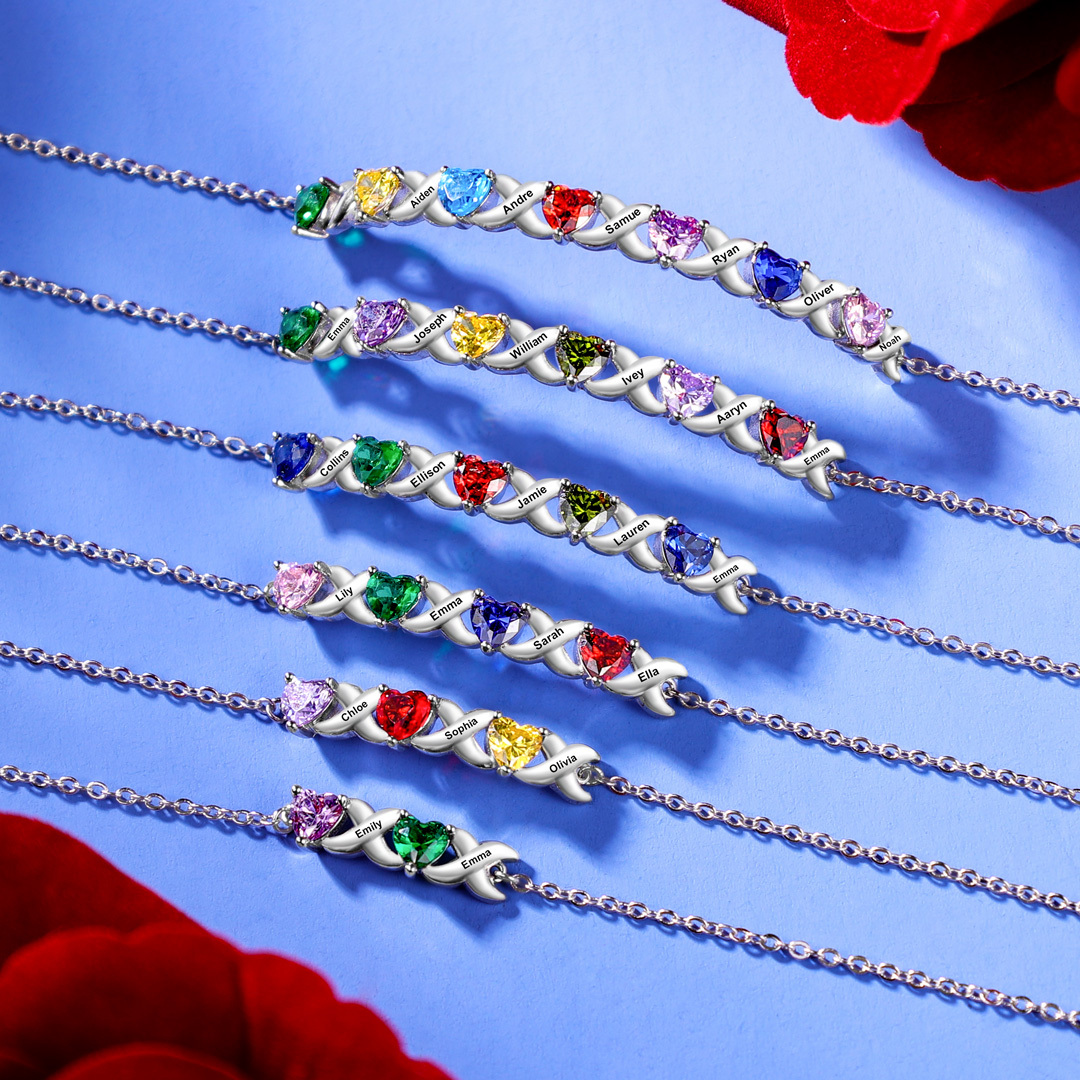 September Birthday Personalised Bracelet With 4 Heart Birthstones Engraved Names Bracelet Gift For Women