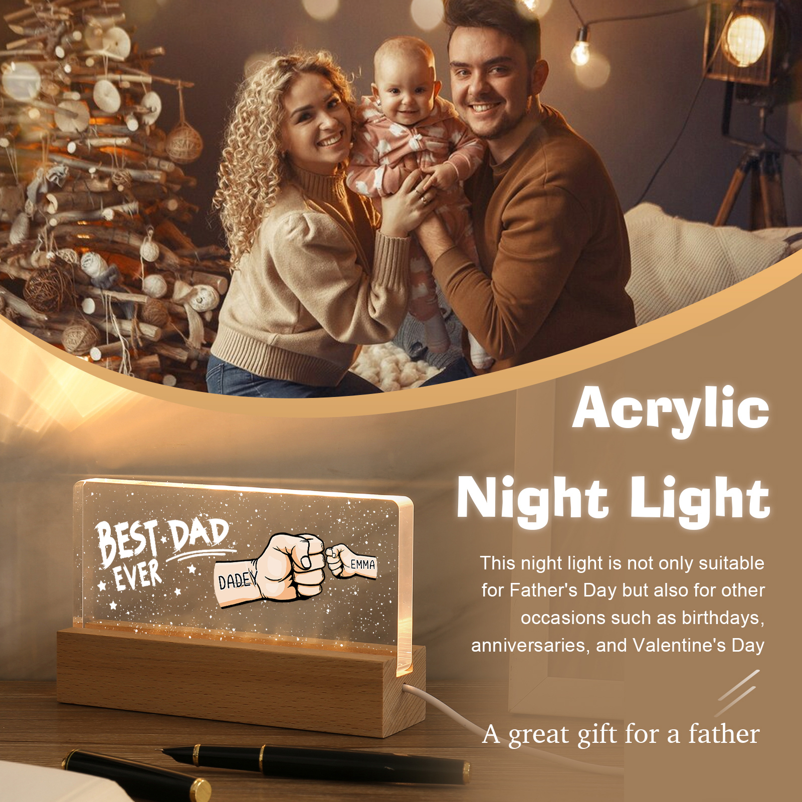 2 Names - Personalised Fist Bump Lamp - Best Dad Ever - Father's Day Gift for Dad