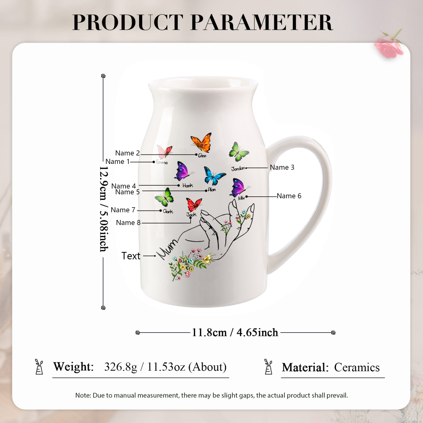 8 Names - Personalised Beautiful Flower Hand Butterfly Style Ceramic Vase with Customizable Names As a Special Gift For Mum