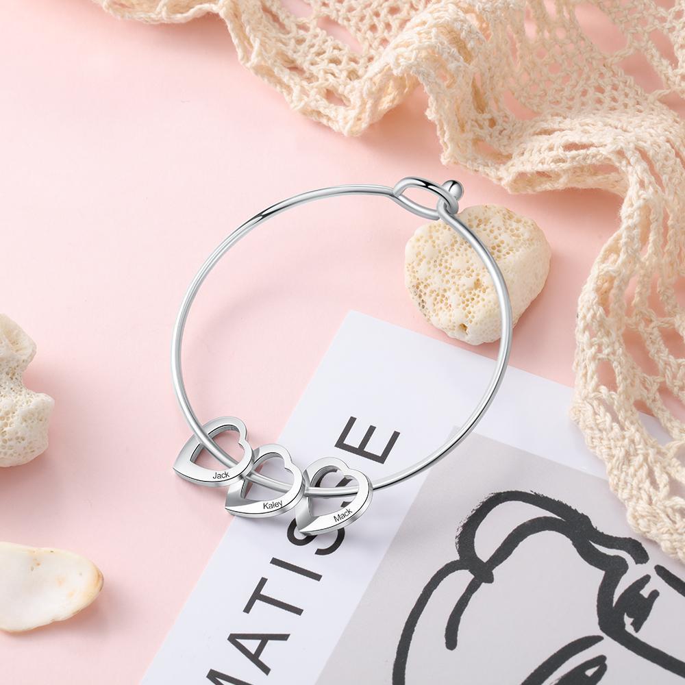 Personalised 6 Names Women Bracelet Custom Engraved Heart Shaped Charm Bracelet - Christmas Gift For Mum/Nan