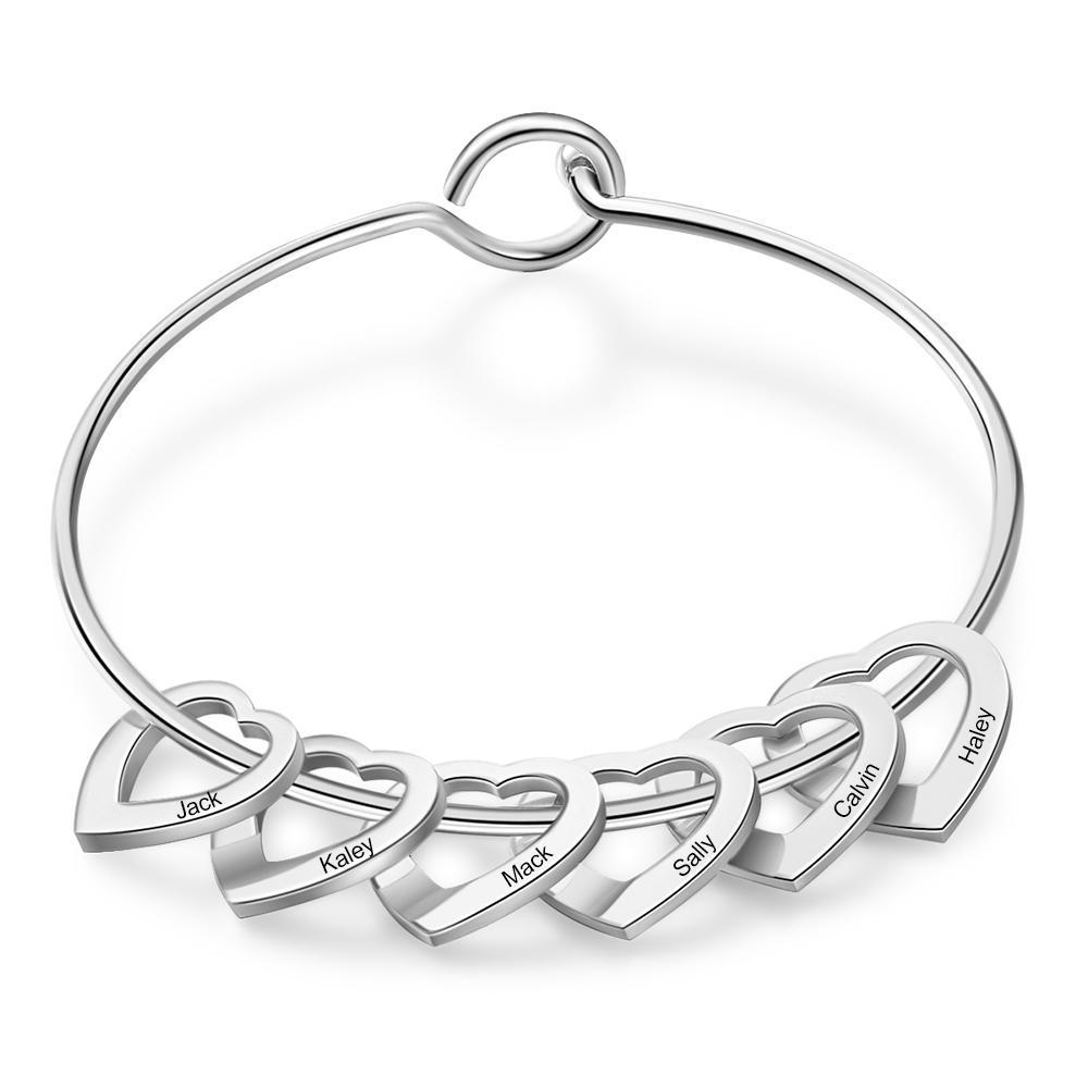 Personalised 6 Names Women Bracelet Custom Engraved Heart Shaped Charm Bracelet - Christmas Gift For Mum/Nan