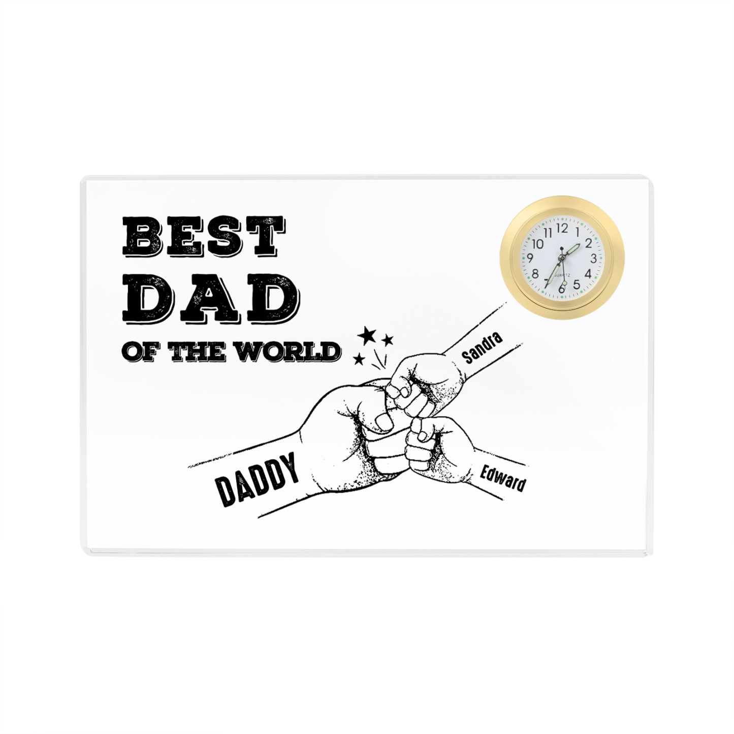 3 Names - Personalised Fist Bump Acrylic Rectangular Clock Ornament Father's Day Gift for Dad
