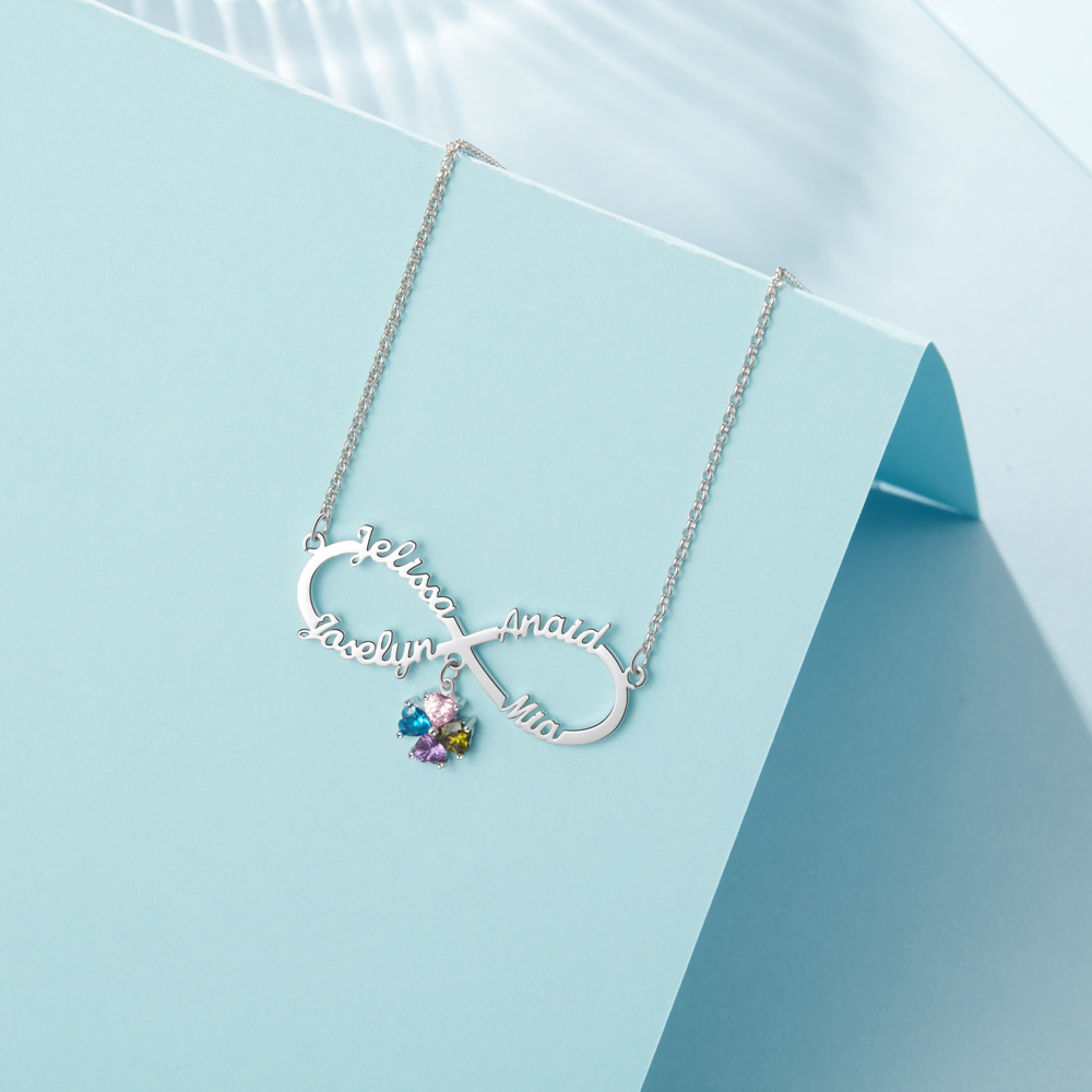 Personalised Infinity Necklace With 4 Birthstones Engraved Names Necklace Gift For Women
