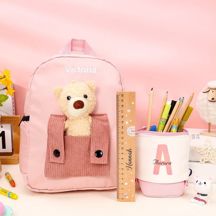 Personalized 1 Letter and 3 Names Gift Set Custom Backpack and Pencil Case and Ruler Gift Set Back to School Gift for Daughter