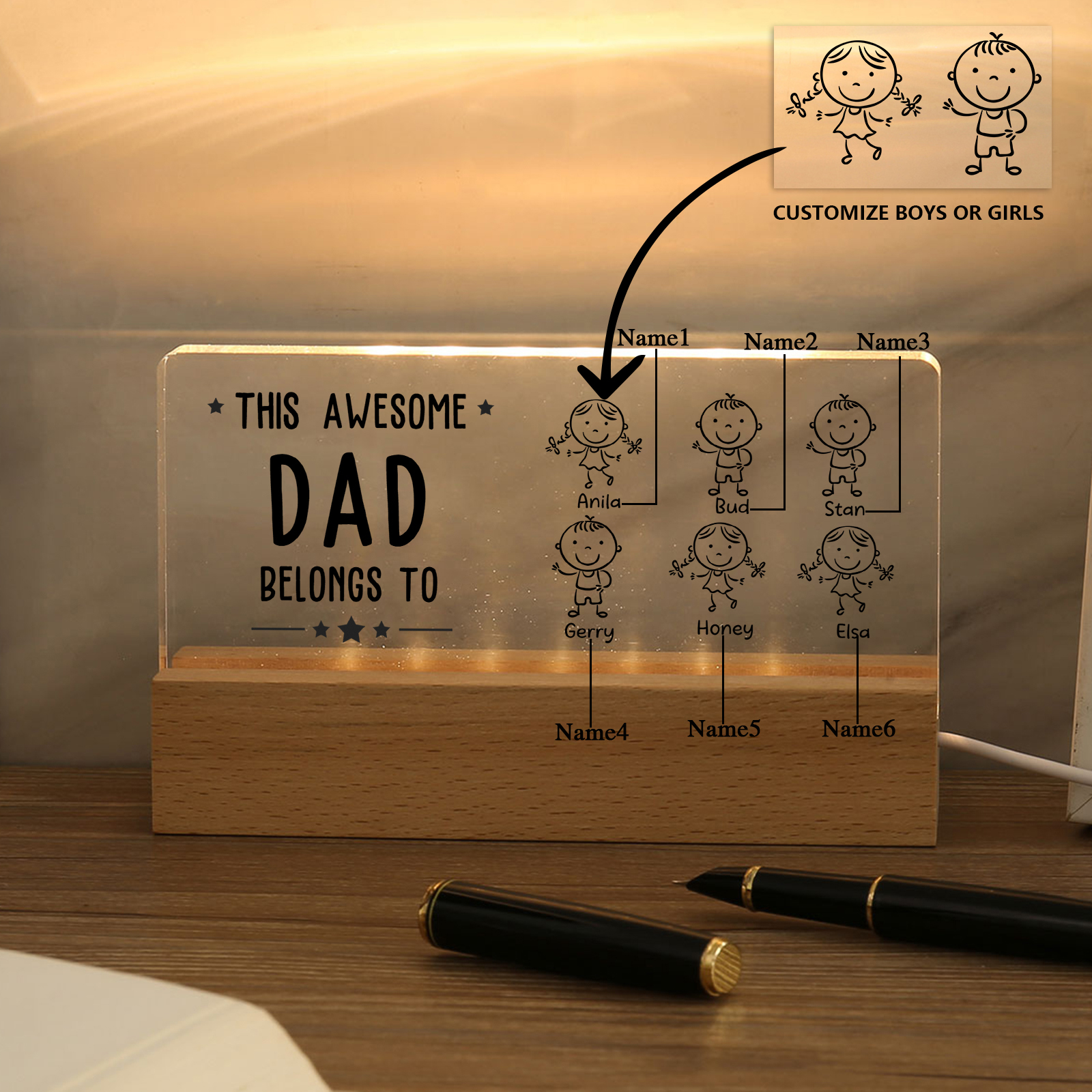 6 Names & Doll Gender - Personalised Lamp -This Awesome Dad  Belongs To - Father's Day Gift for Dad
