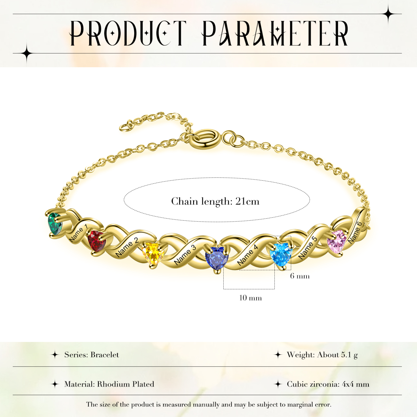 Personalised Bracelet With 6 Heart Birthstones Engraved Names Bracelet Gift For Women