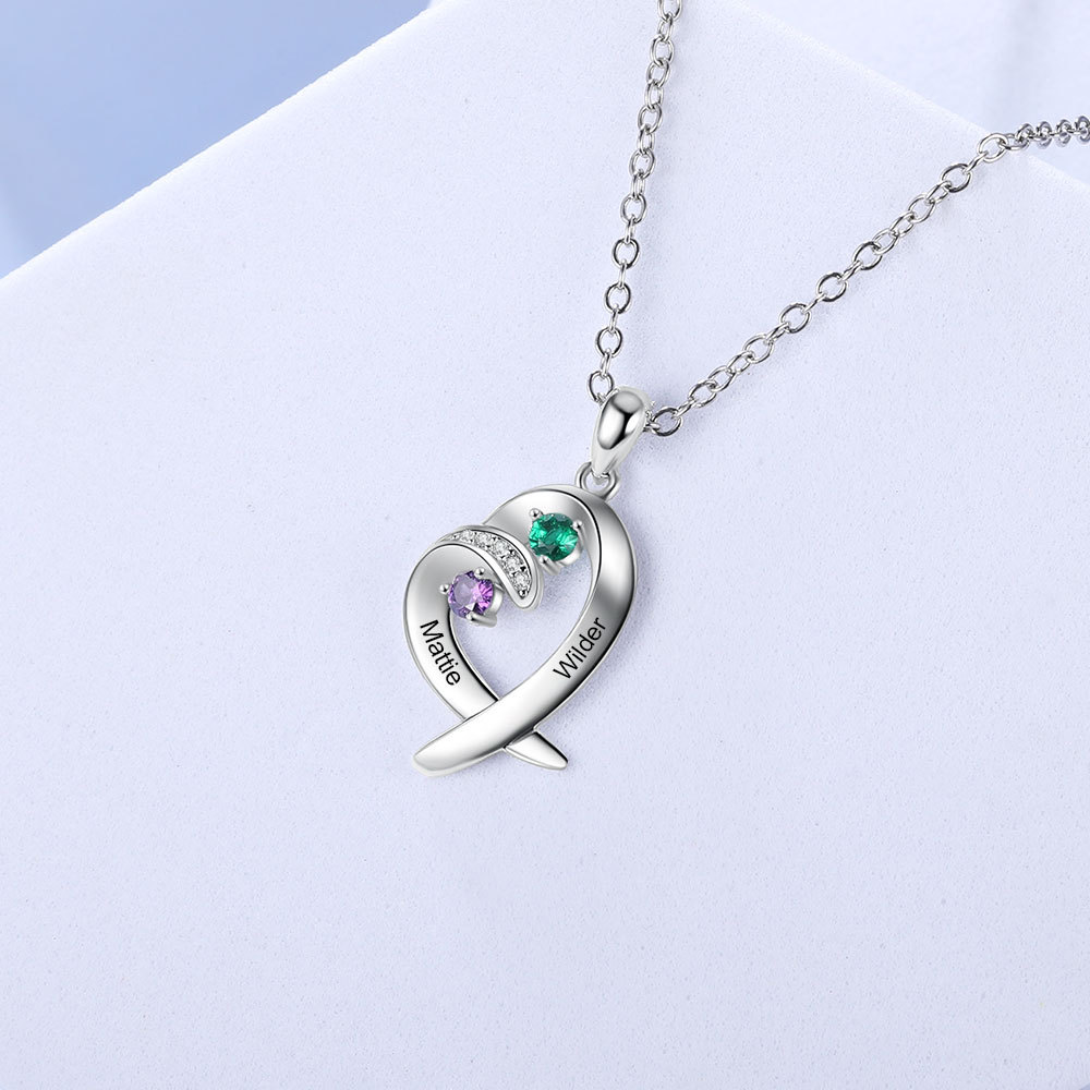 Personalised Heart Necklace With 2 Birthstones Engraved Names Gift For Her