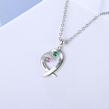 Personalised Heart Necklace With 2 Birthstones Engraved Names Gift For Her