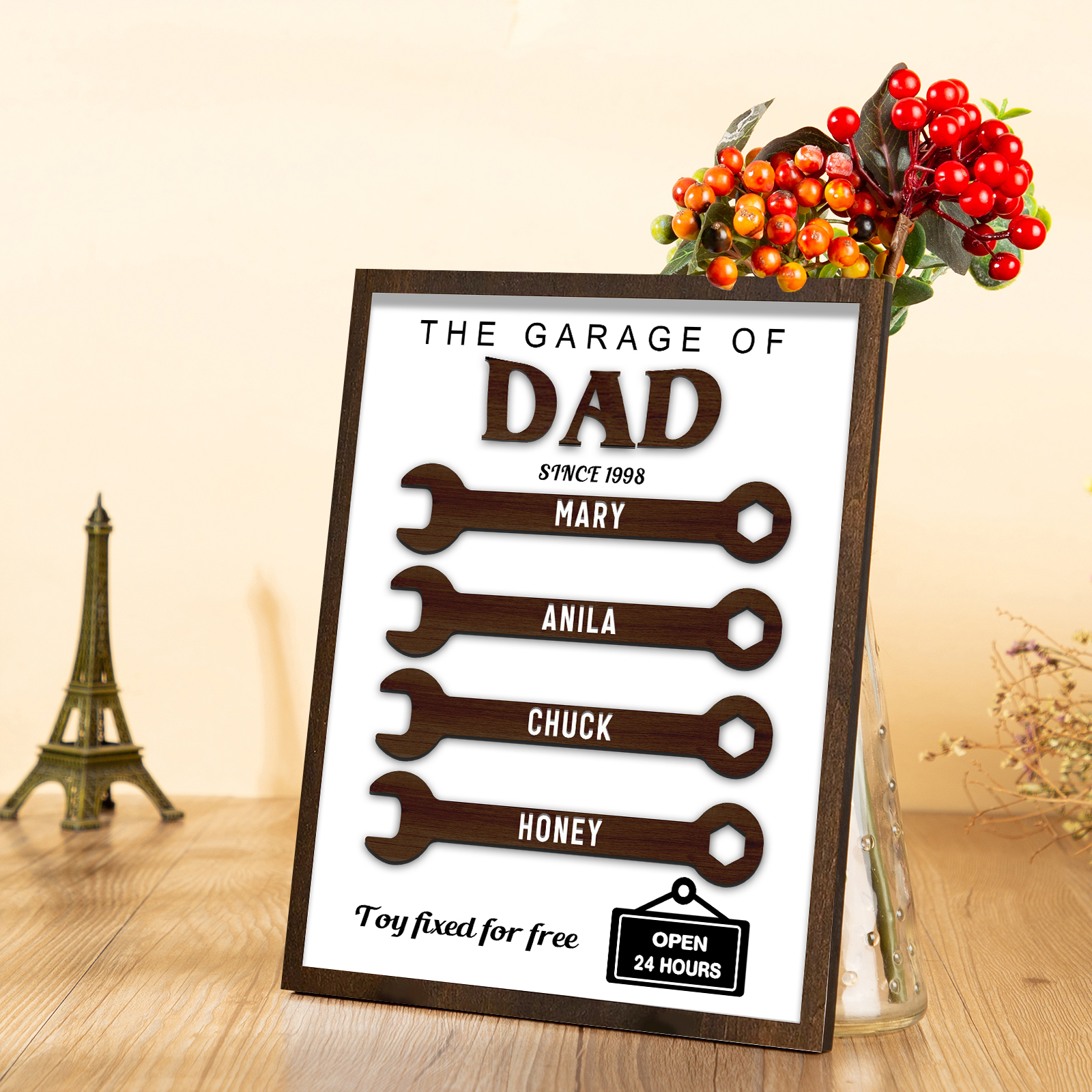4 Names - Personalised Repair Tool Style Home Photo Frame Wooden Decor Father's Day Gift for Dad
