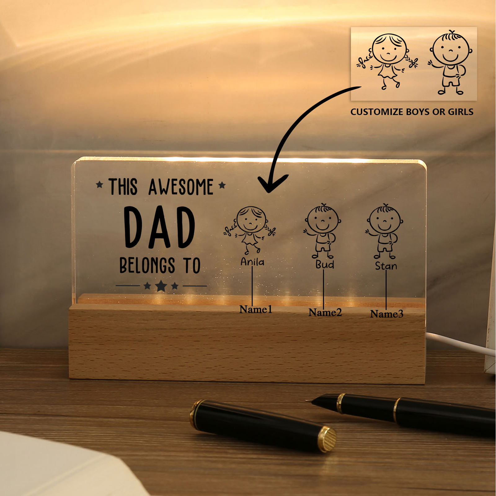 3 Names & Doll Gender - Personalised Lamp -This Awesome Dad  Belongs To - Father's Day Gift for Dad