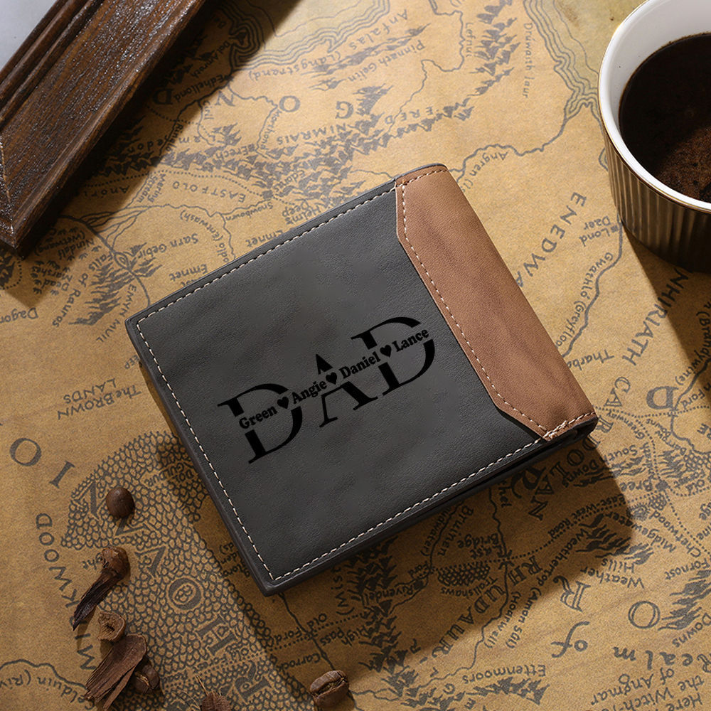 4 Names - Personalised Photo & Name Custom Leather Men's Wallet as a Father's Day Gift for Dad