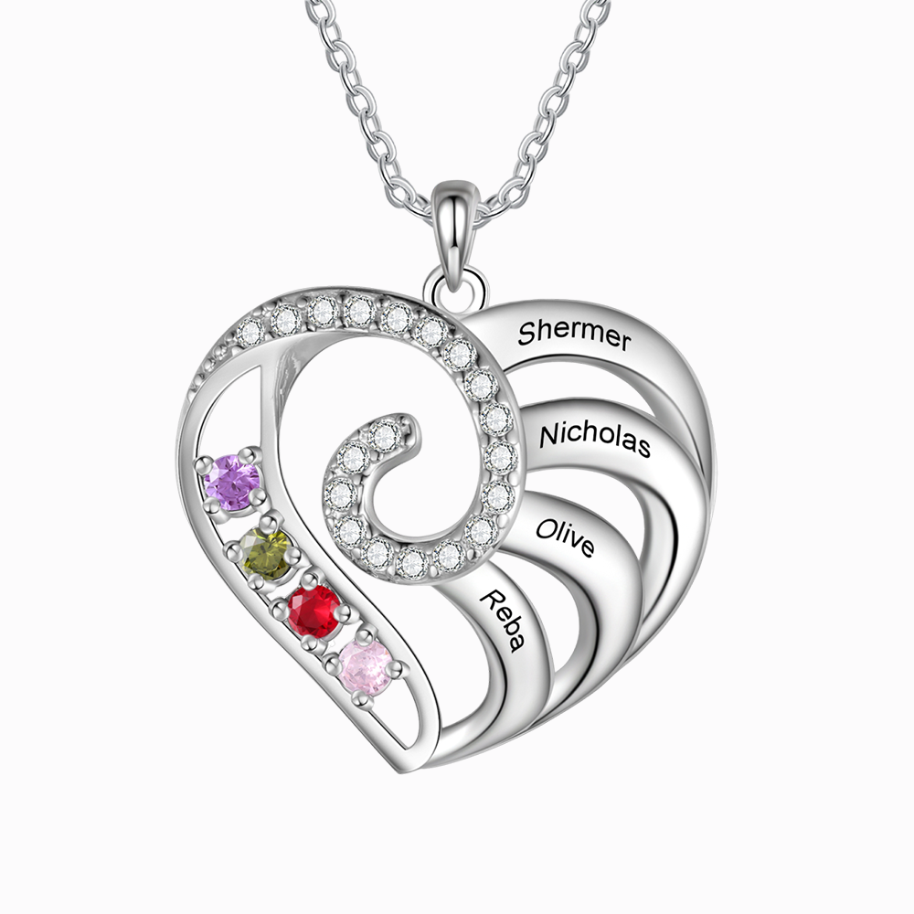 Personalised Heart Necklace with Custom 4 Names and 4 Birthstones 925 Sterling Silver Necklace Gift for Her | Jessemade