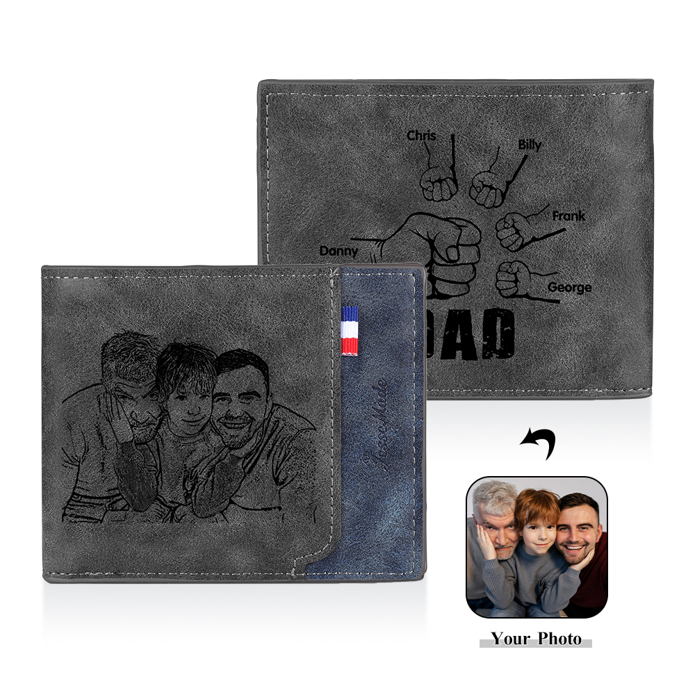 5 Names - Personalised Fist Bump Photo Custom Leather Men's  Wallet as a Father's Day Gift for Dad