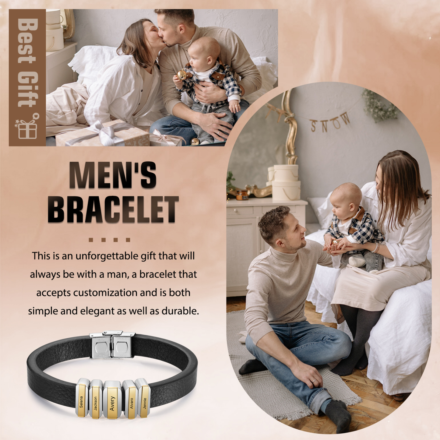 5 Names Personalised Stainless Steel Leather Bracelet Engraved Name Men's Bracelet Gift for Dad