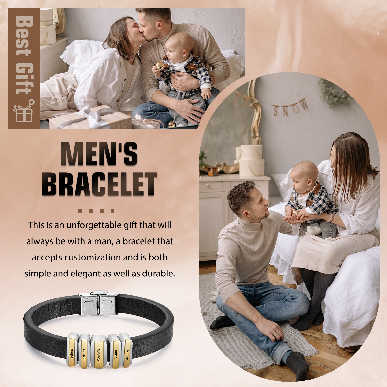 5 Names Personalised Stainless Steel Leather Bracelet Engraved Name Men's Bracelet Gift for Dad