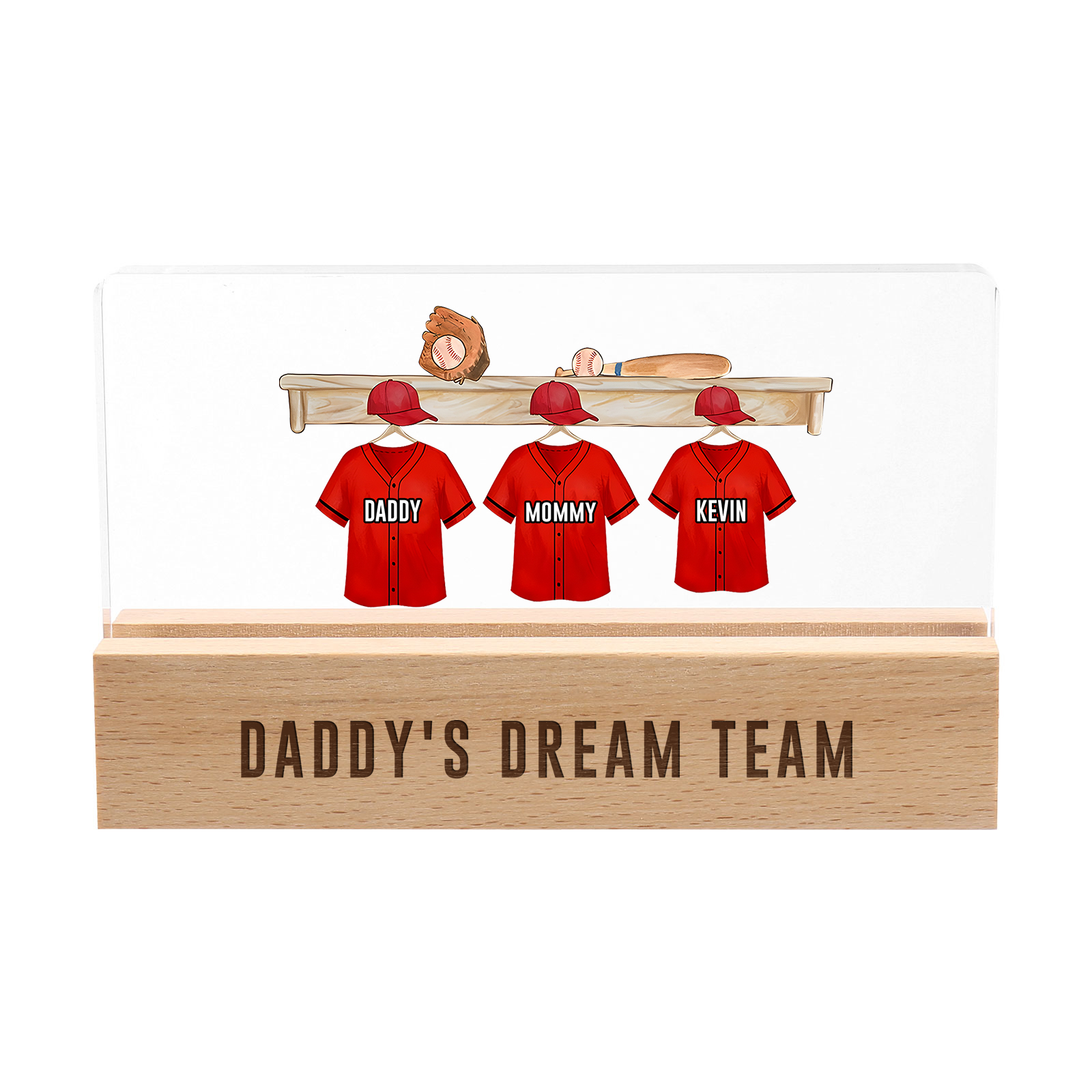 3 Names - Personalised Baseball Jersey Desk Lamp - Dad's Dream Team - Father's Day Gift for Dad