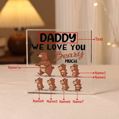 7 Names-Personalised Bear Family Acrylic Keepsake-Custom Text and Names-Acrylic Plaque Home Decoration Gift for Daddy/Grandad