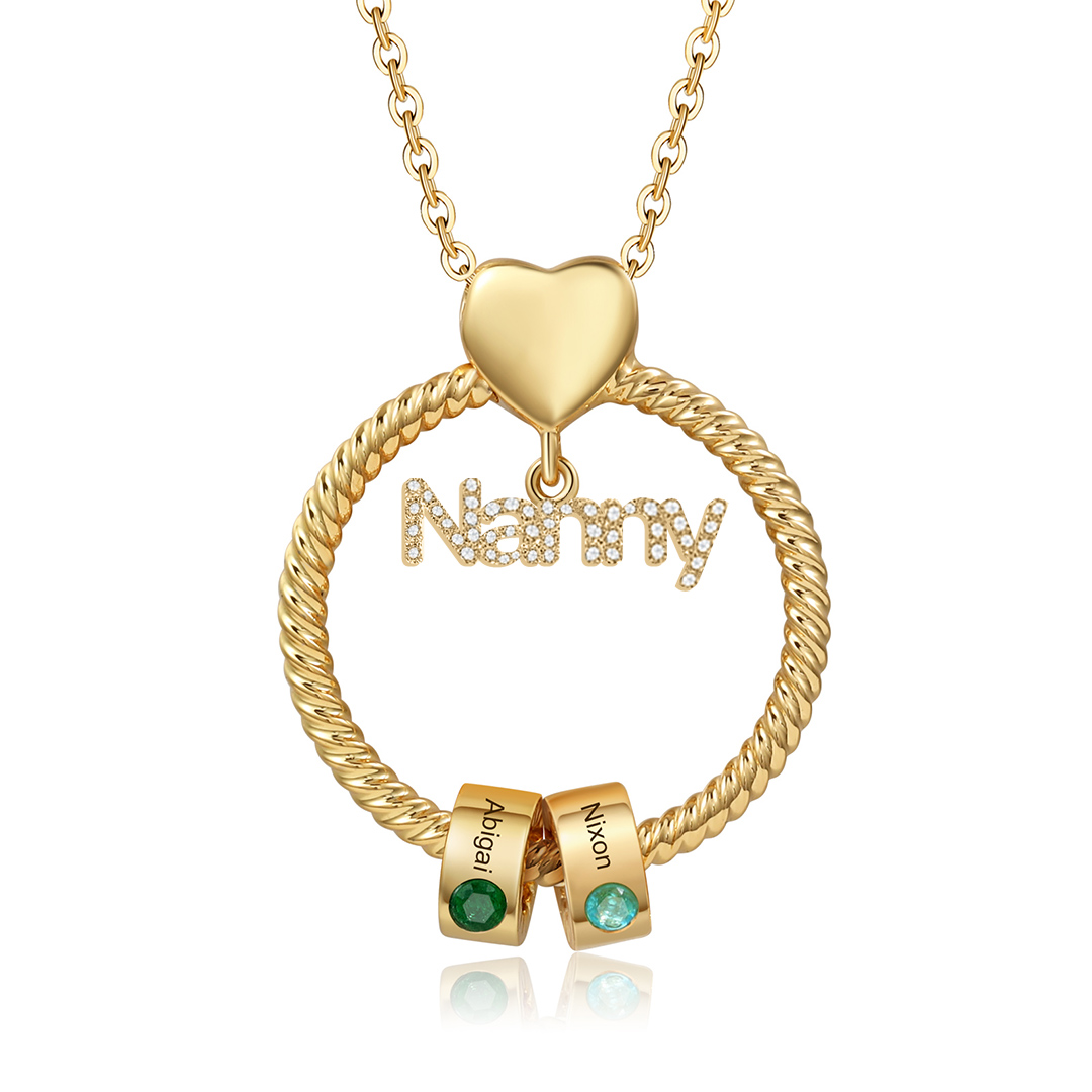 2 Names-Personalised Nanny Circle Necklace With 2 Birthstones Pendant Engraved Names Gift For Nanny