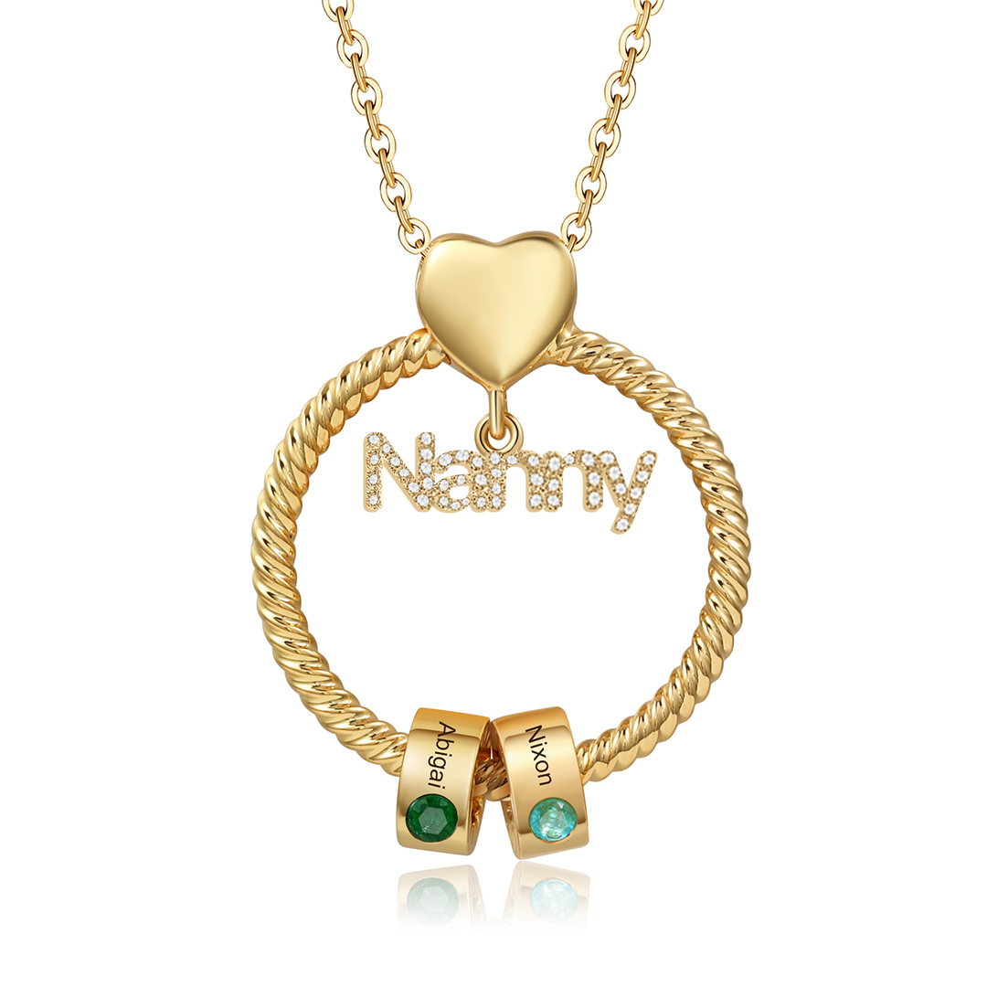 2 Names-Personalised Nanny Circle Necklace With 2 Birthstones Pendant Engraved Names Gift For Nanny