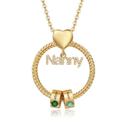2 Names-Personalised Nanny Circle Necklace With 2 Birthstones Pendant Engraved Names Gift For Nanny