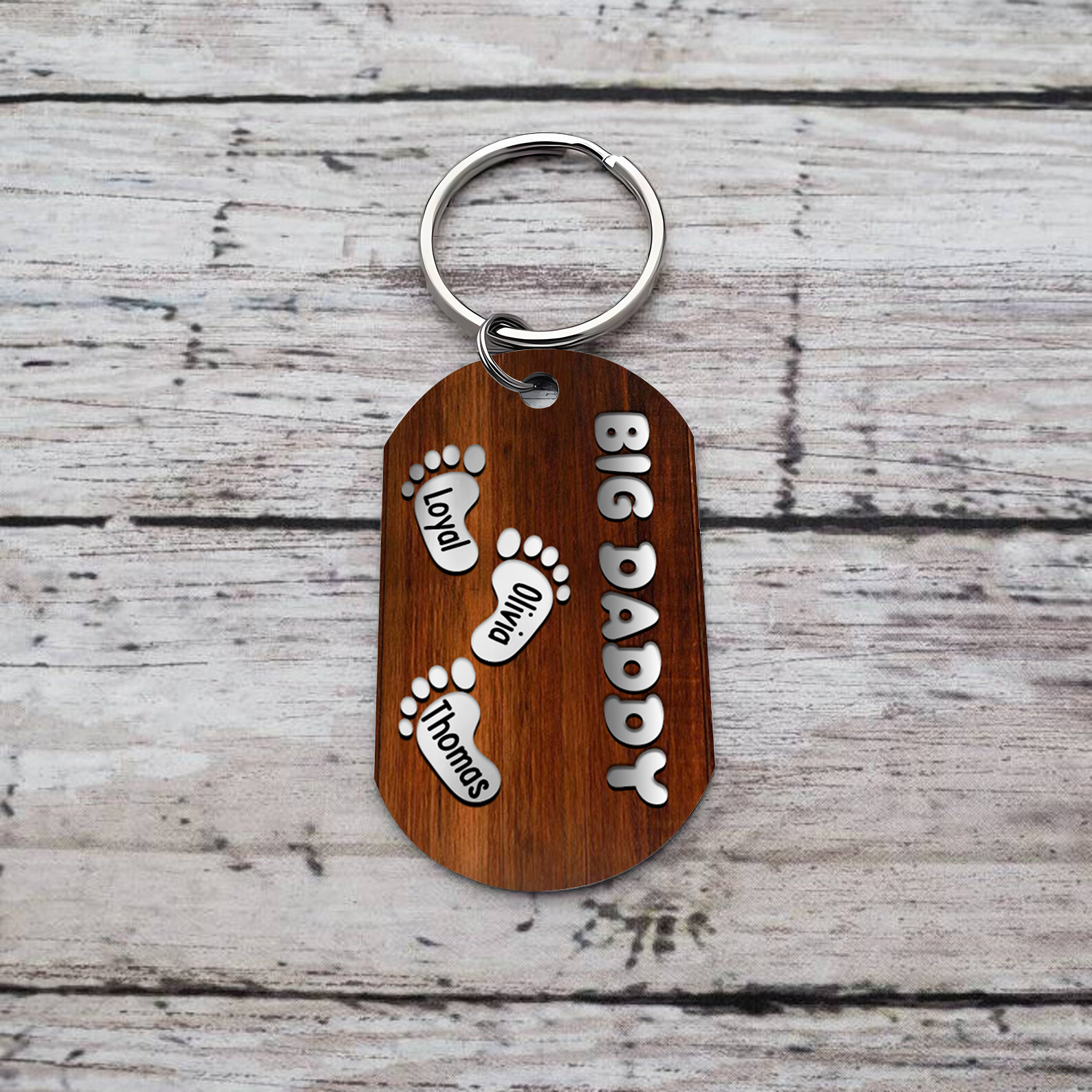 3 Names - Personalised Custom Footprint Pattern Keyring Custom Name and Text Gift for Dad