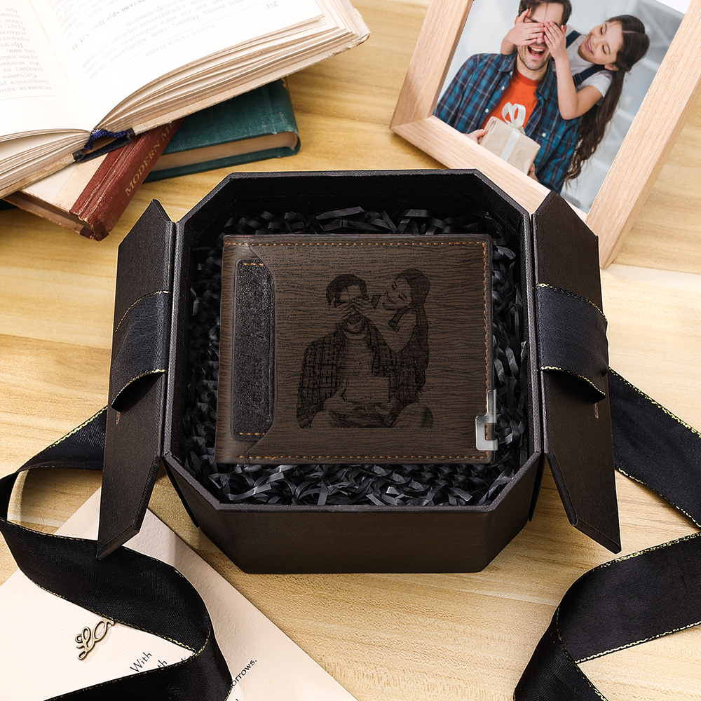 Personalised Photo Leather Men's Wallet With Card Slot Engraved Text Gift For Him