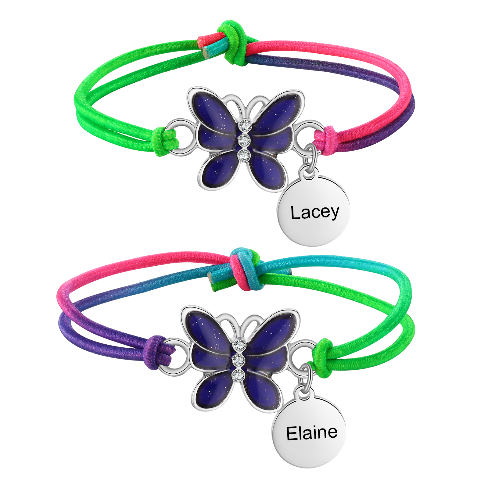 2 Pcs Personalized Name Color Changing Bracelets Cute Cartoon Animal Butterfly Stretch Bracelet Set Back to School Gift for Girls