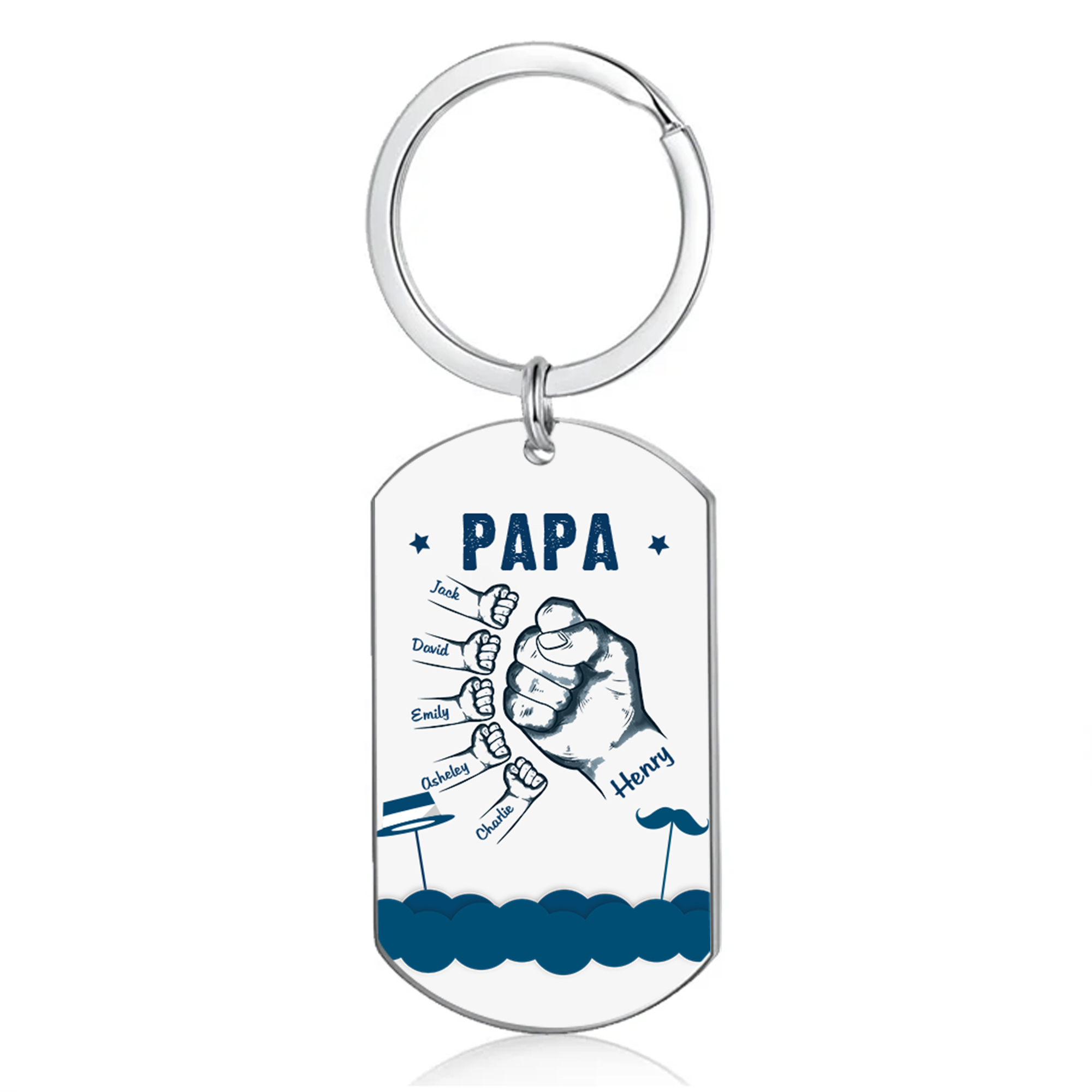 6 Names - Personalised Custom Fist Bump Keyring Hat and Beard Style Keyring Gift for Dad