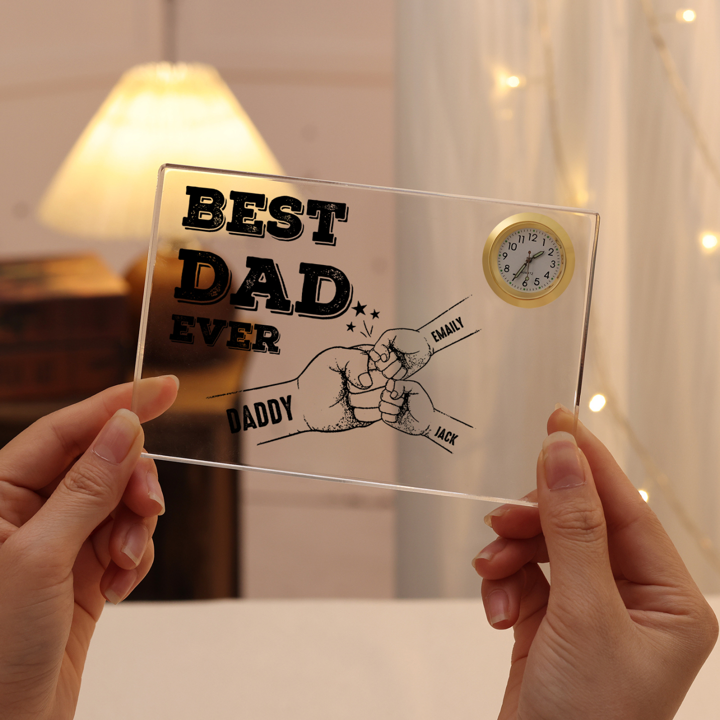 3 Names - Personalised Fist Bump Pattern Custom Name Acrylic Rectangular Clock Ornament Father's Day Gift