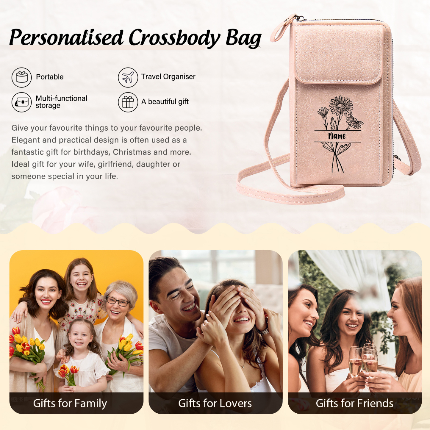 Custom Purse-Personalised Women's Leather Wallet Custom Birthflower & Name Mobile Phone Wallet Zipper Crossbody Bag
