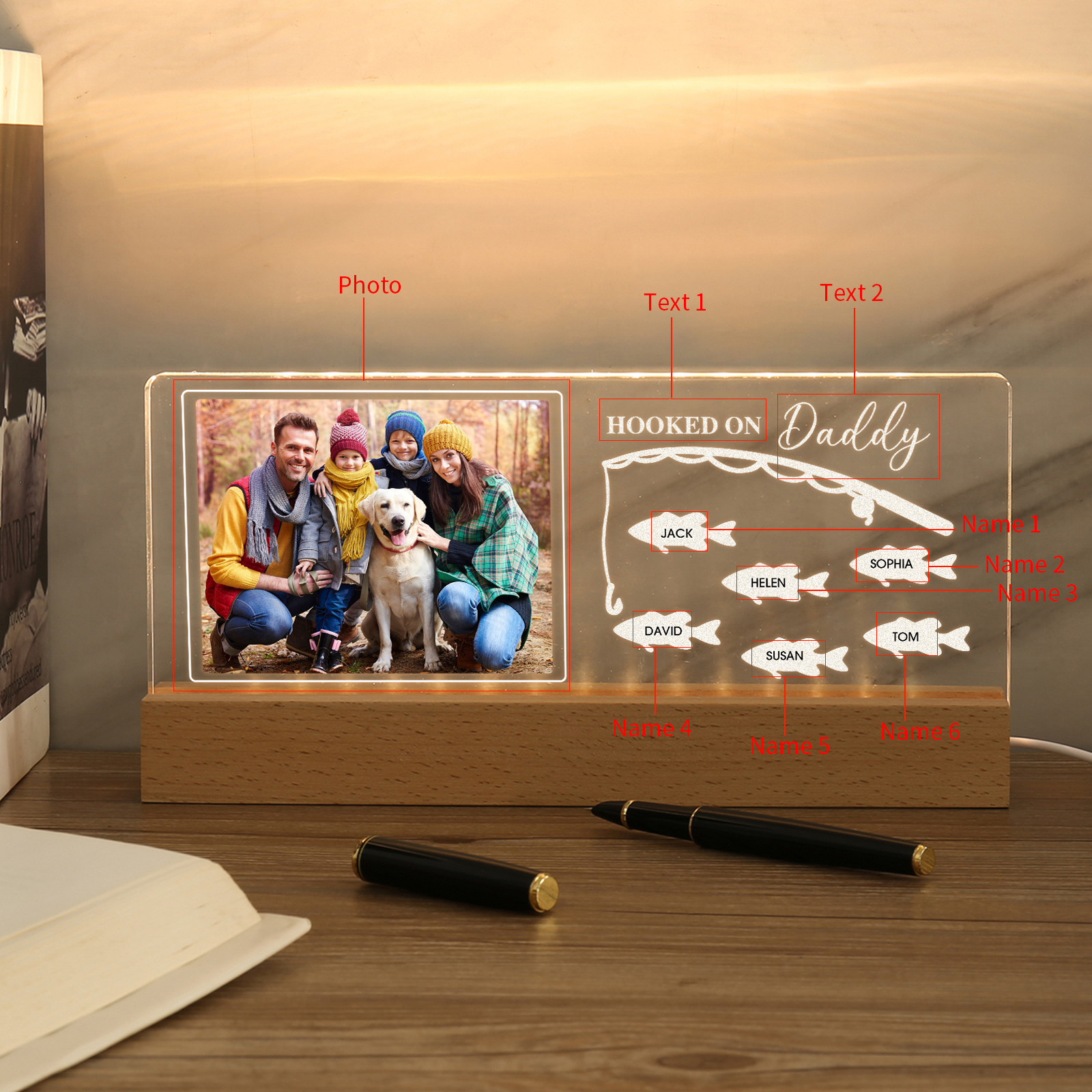 6 Names - Personalised Photo Fishing Pattern Desk Lamp Father's Day Gift For Dad