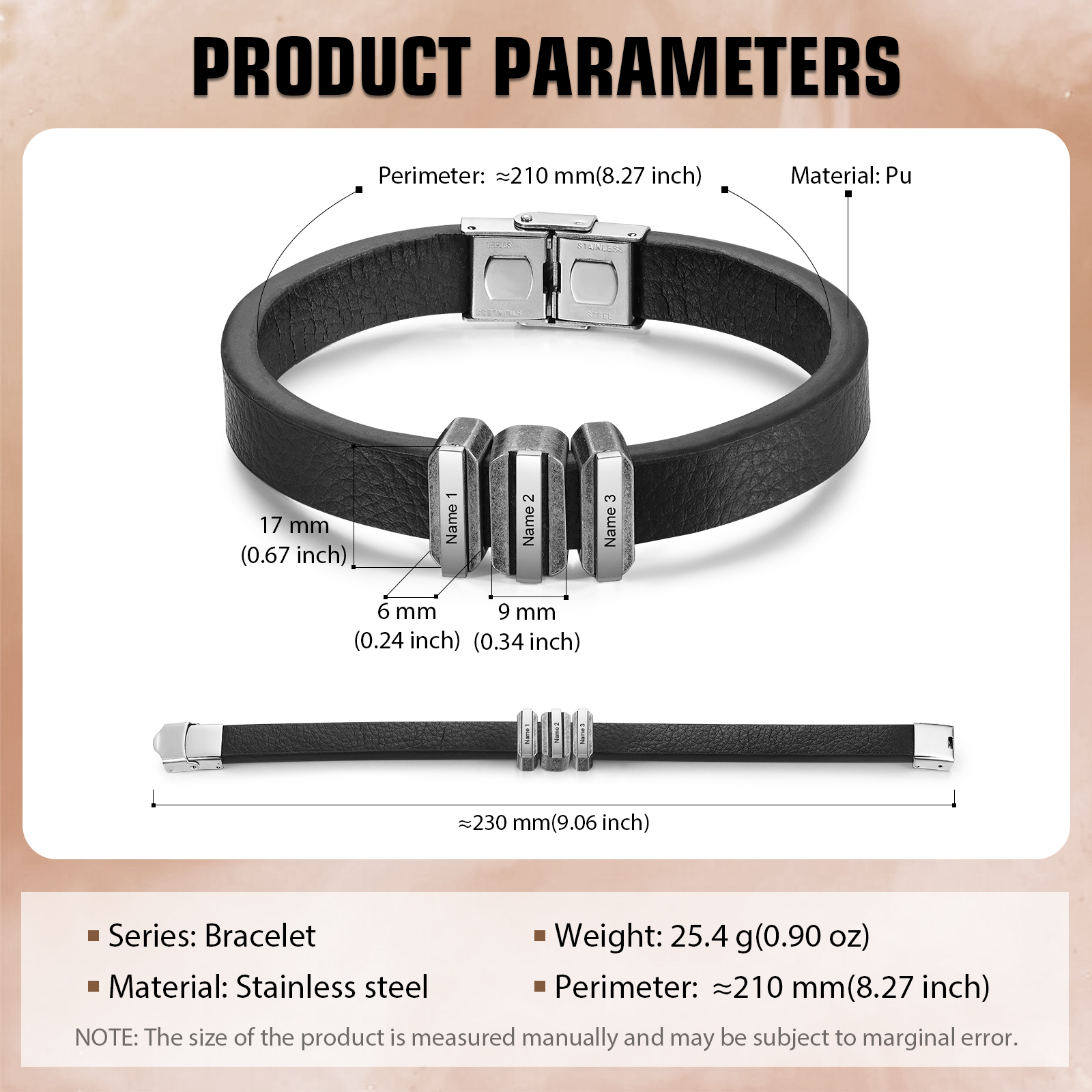 3 Names Personalised Stainless Steel Leather Bracelet Engraved Name Men's Bracelet Gift for Dad