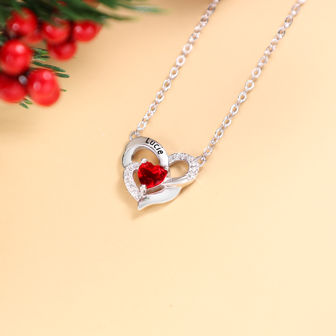 Personalised S925 Silver Women Heart Necklace With 1 Birthstone Engraved Names Gift For Women