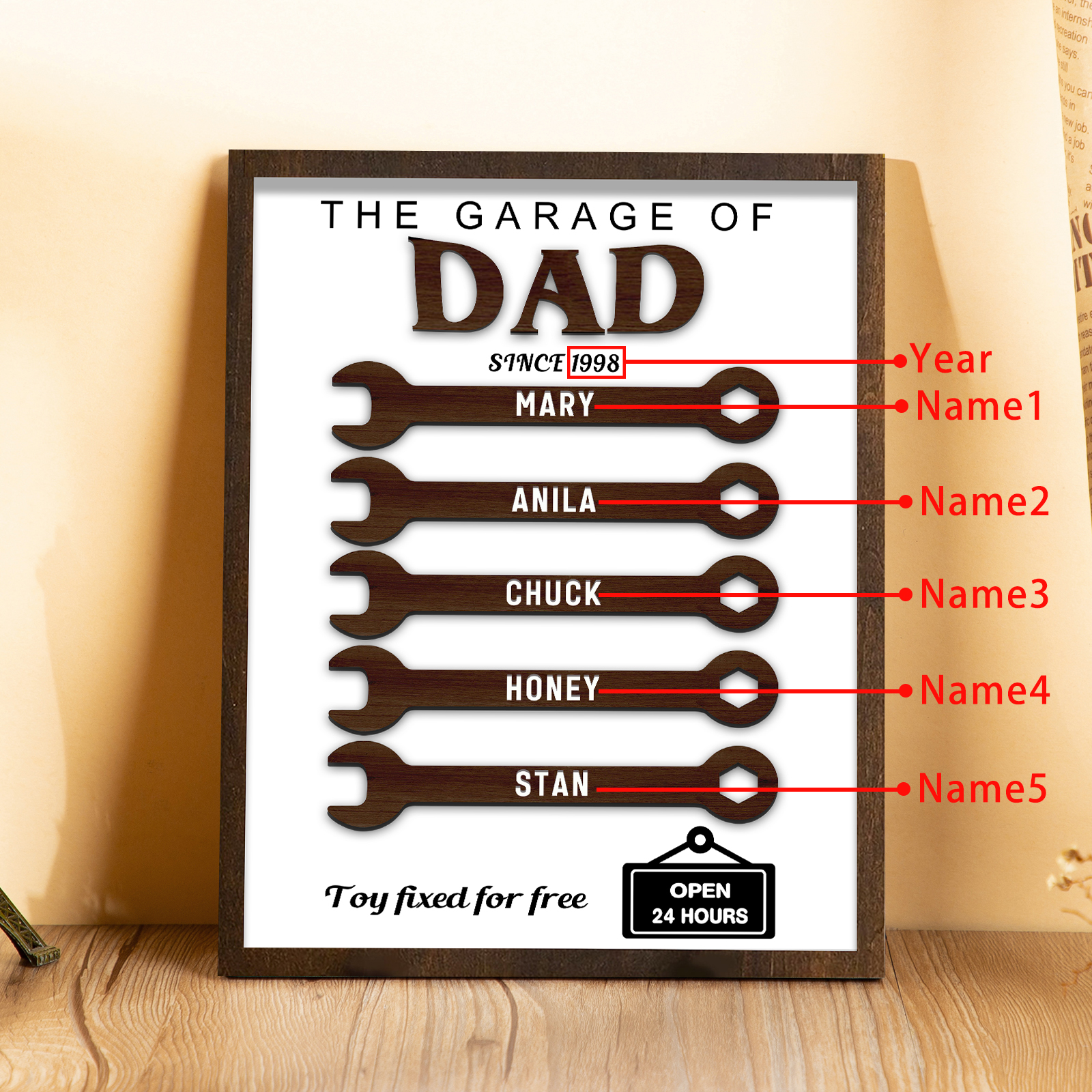 5 Names - Personalised Repair Tool Style Home Photo Frame Wooden Decor Father's Day Gift for Dad