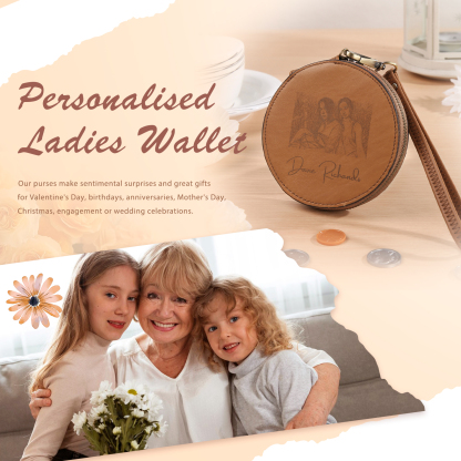Custom Purse-Personalised Photo Quality Leather Round Zipper Wallet Custom Text Wallet Gift for Her