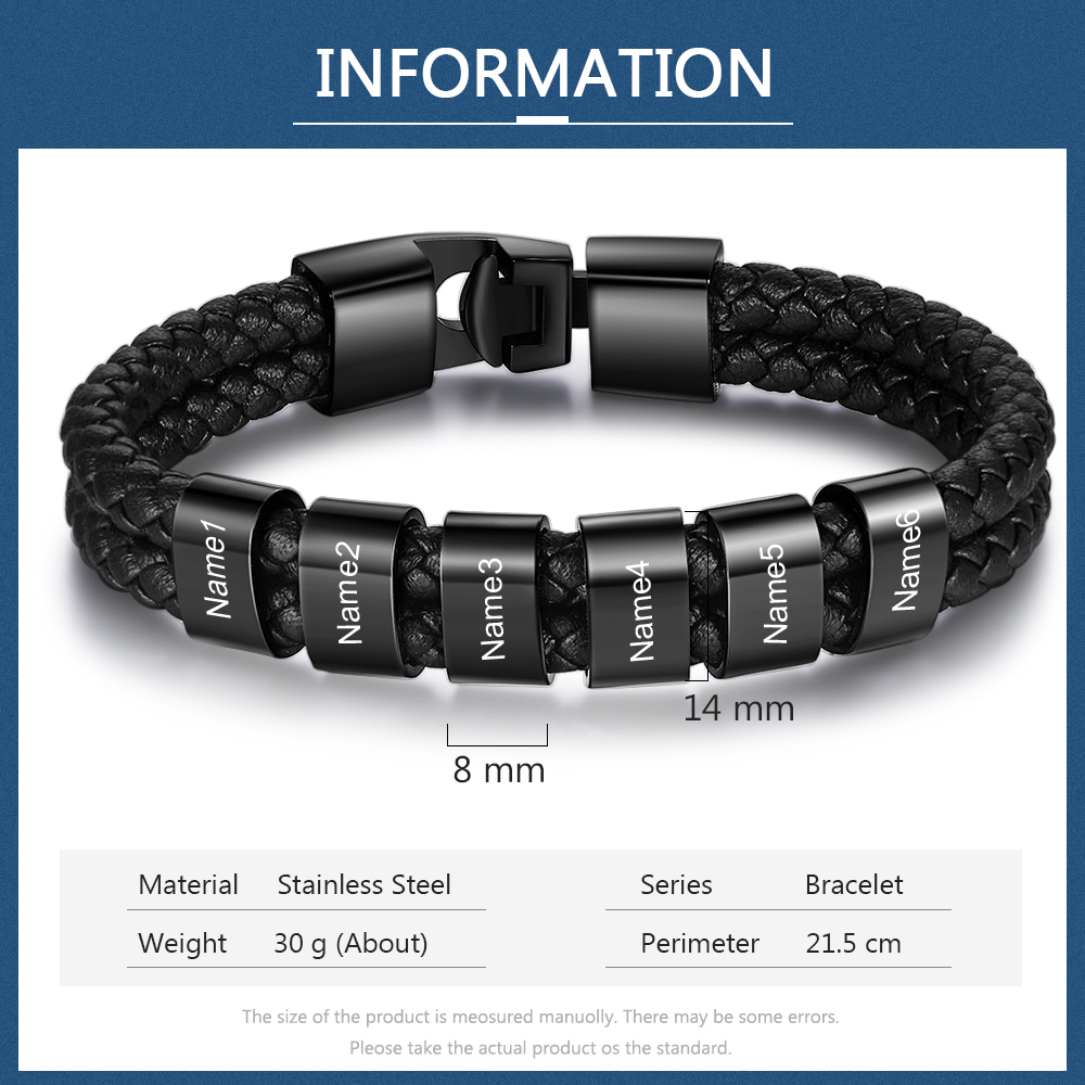 6 Names-Customized Braided Leather Bracelet Engraved Men's Bracelet for Him