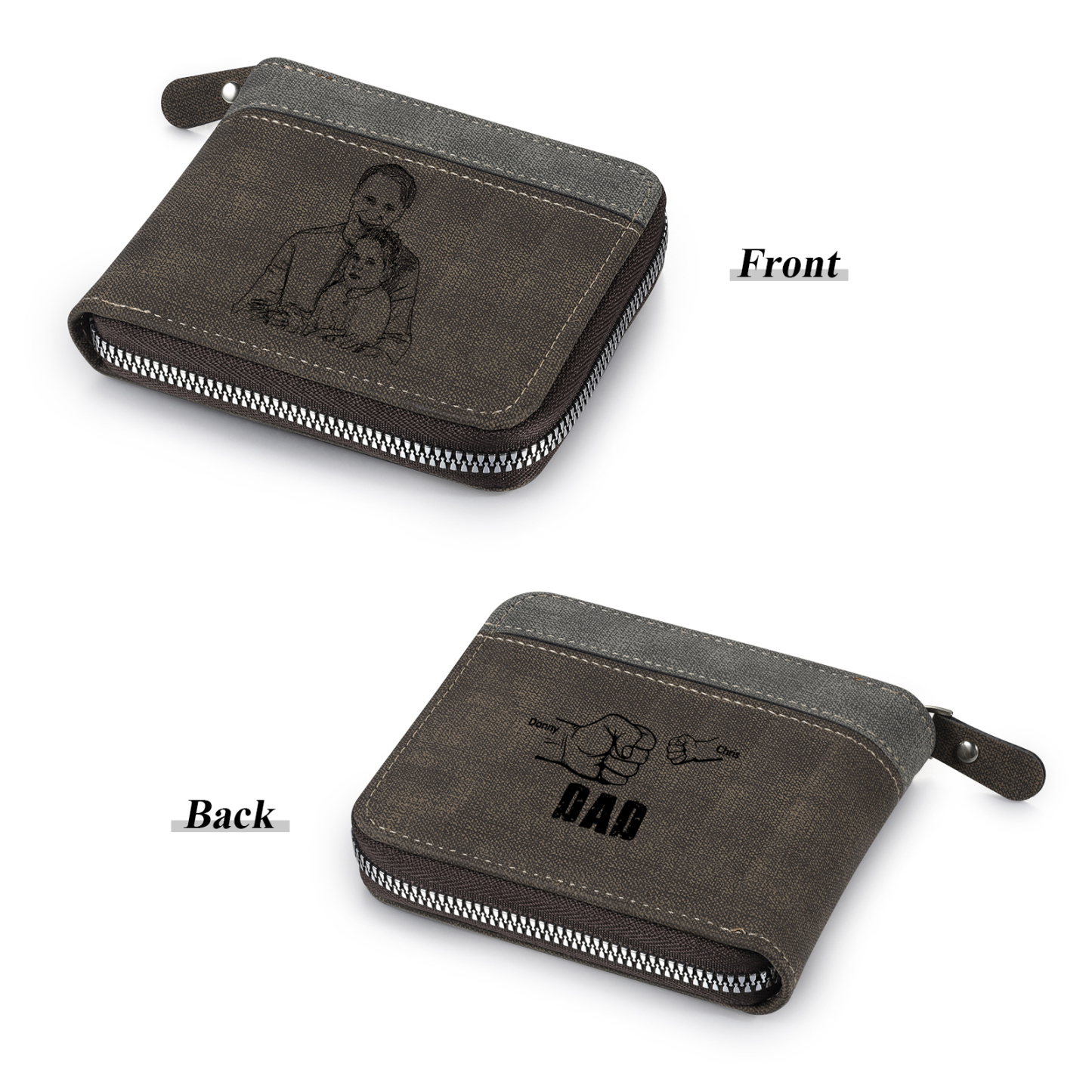 2 Names - Personalised Fist Bump Photo Custom Leather Men's Zipper Wallet as a Father's Day Gift for Dad