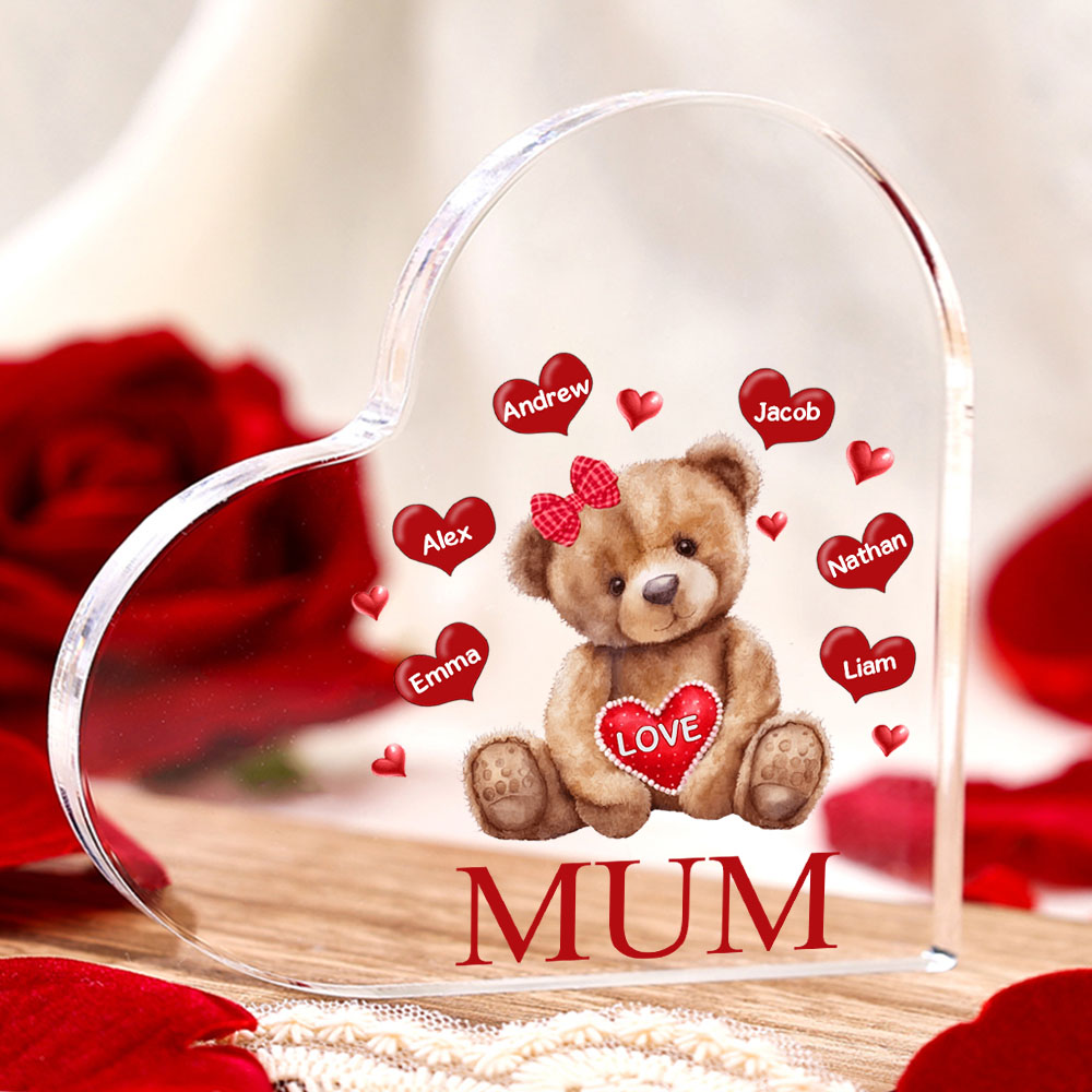 6 Names-Personalized Mum Acrylic Heart Keepsake Custom Text Love Teddy Bear Ornaments Gifts Set With Gift Box for Grandma/Mother