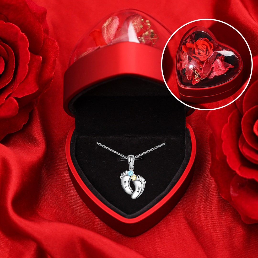 Personalised Baby Foot Necklace Gift Set With Rose BoXFor Mother/Her