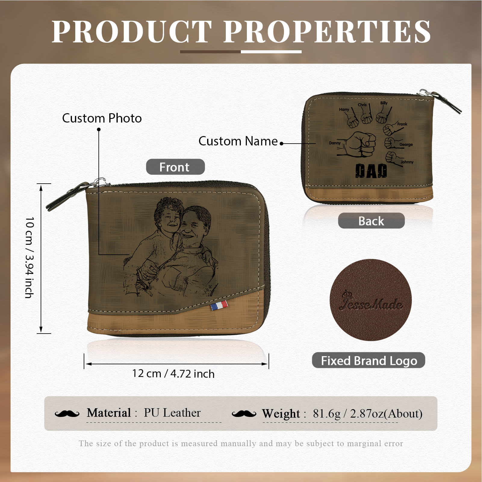 7 Names - Personalised Photo Custom Leather Men's Zipper Wallet as a Father's Day Gift for Dad