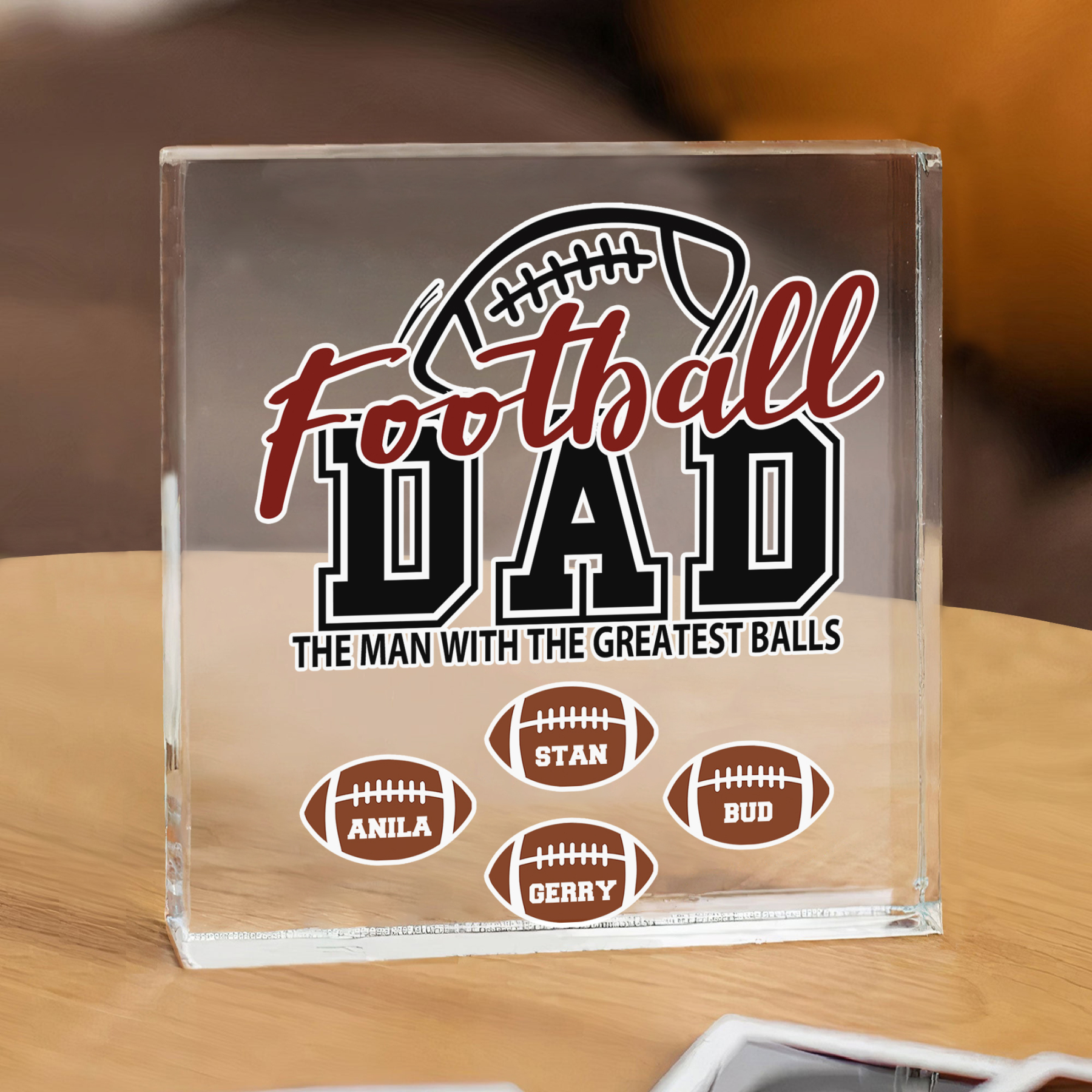 4 Names - Personalised Football Acrylic Keepsake Customized Name Acrylic Plaque Decoration Father's Day Gift for Dad