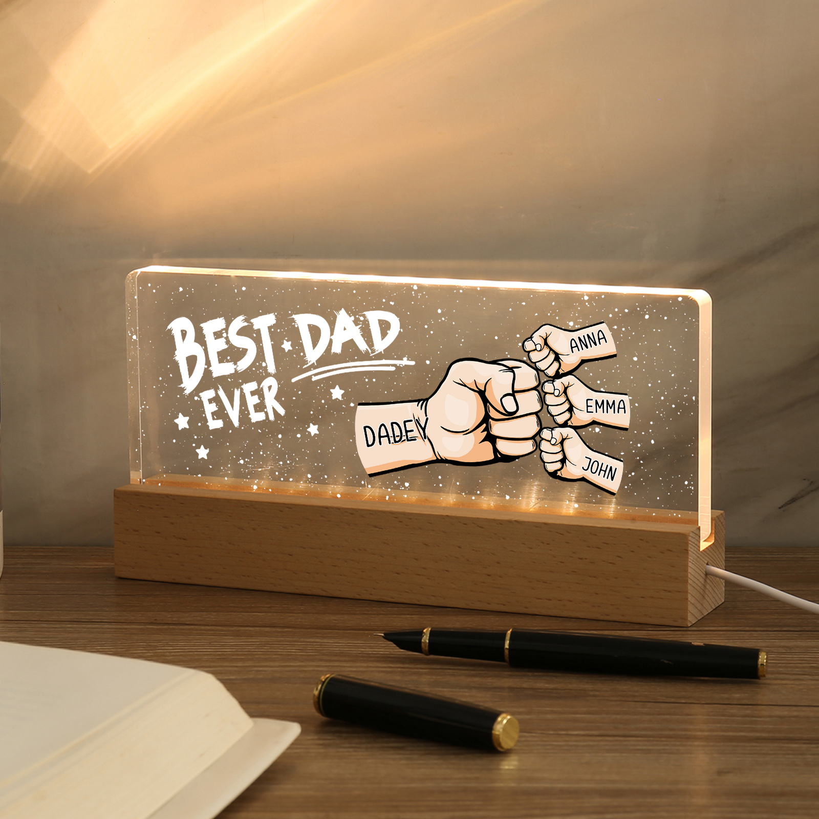 4 Names - Personalised Fist Bump Lamp - Best Dad Ever - Father's Day Gift for Dad