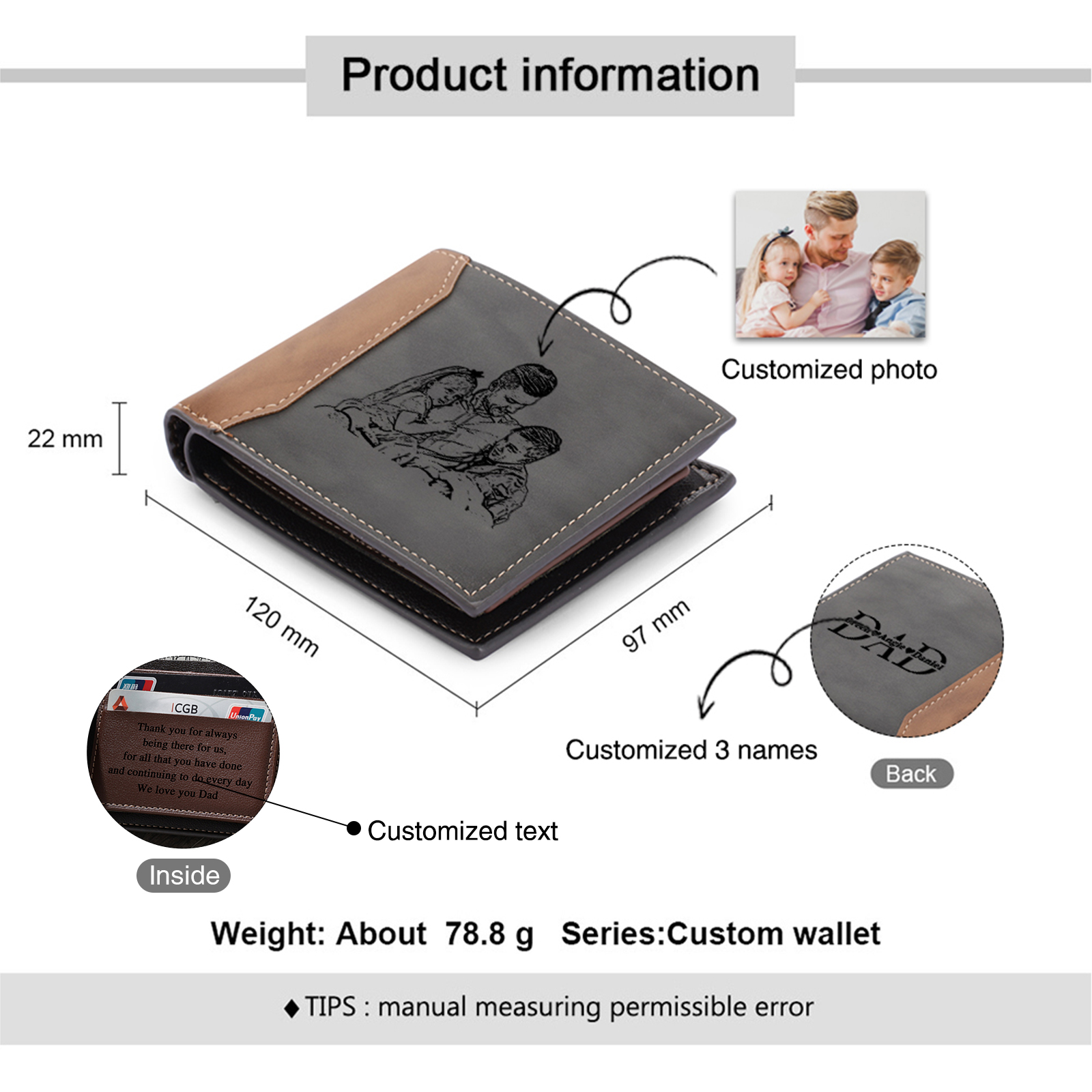3 Names - Personalised Photo & Name Custom Leather Men's Wallet as a Father's Day Gift for Dad